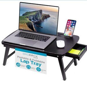 Bamboo Wood Lap Tray with Foldout Legs, Storage Drawer, Cup Holder